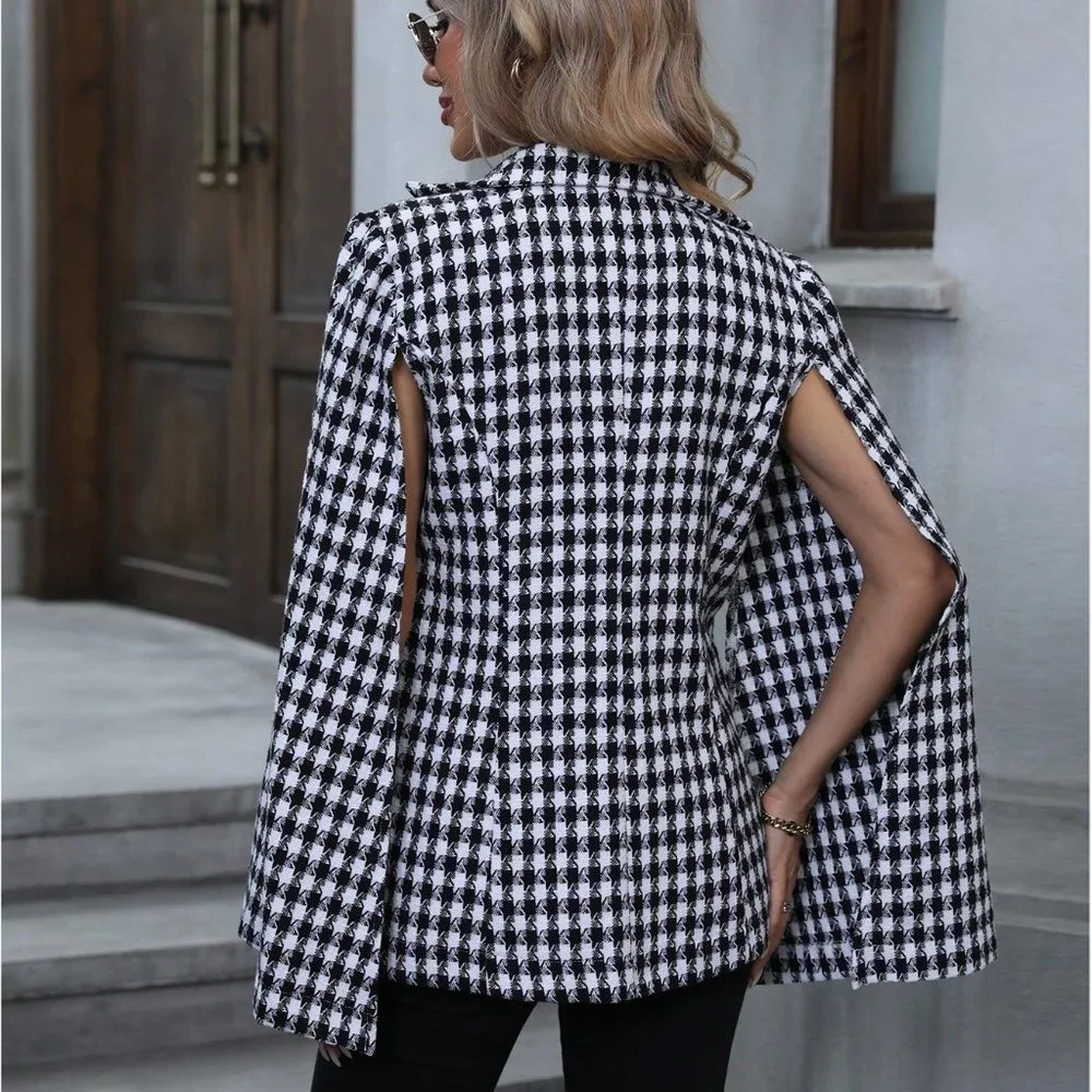 White & Black Preppy Houndstooth Print Cloak Sleeve Double Breasted Cape Blazer - Picture 2 of 5
